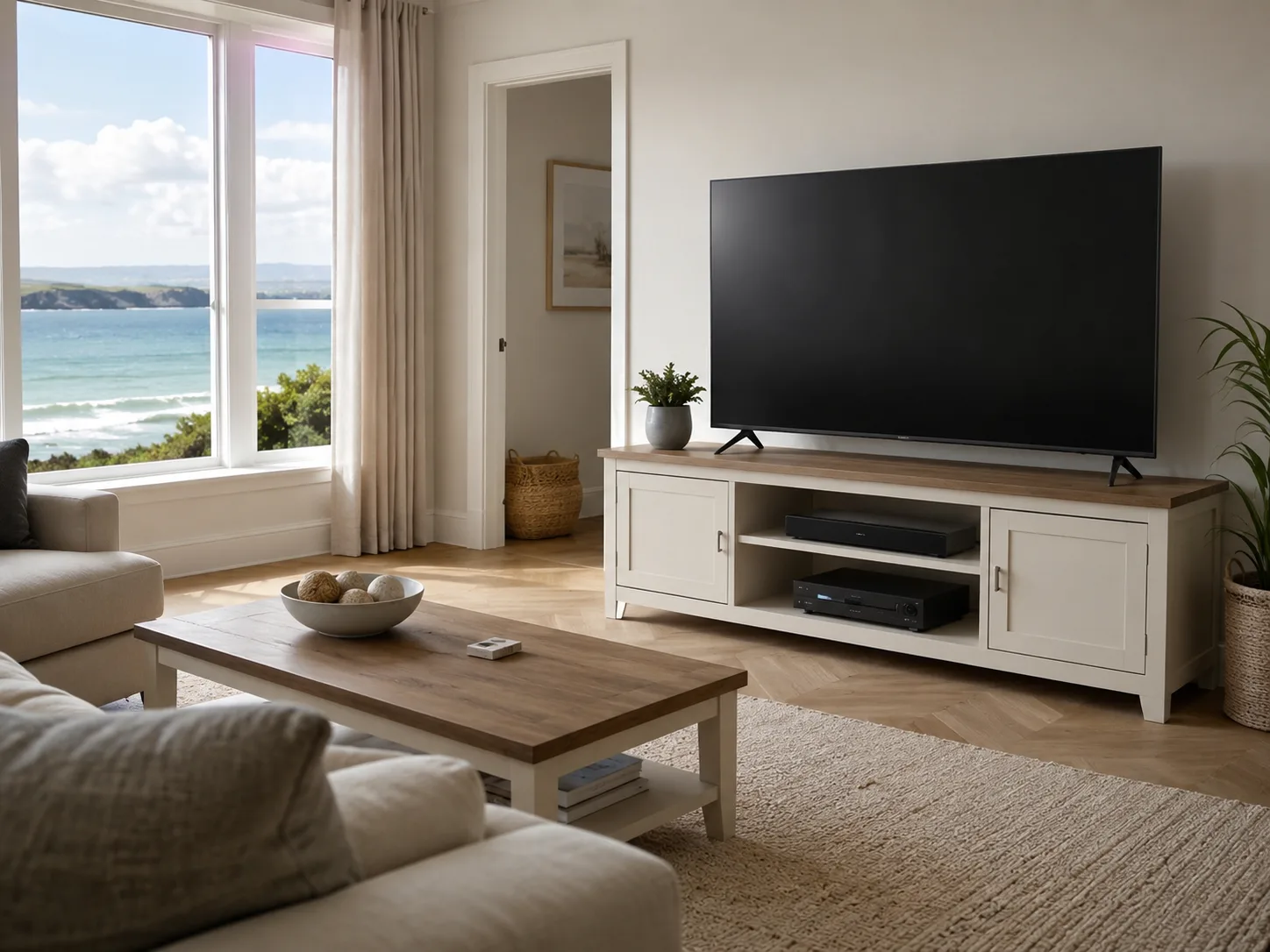 Television standing on a media unit for a professional TV installation